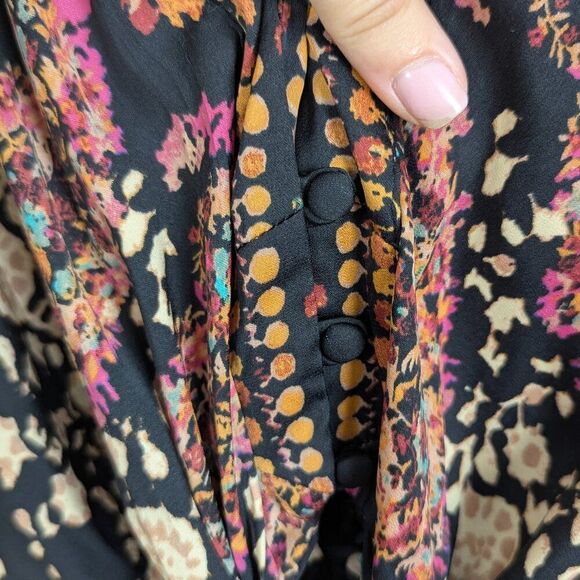 Free People | Black Multicolor Floral Long Sleeve Tie Front Blouse Size Small - Picture 6 of 10